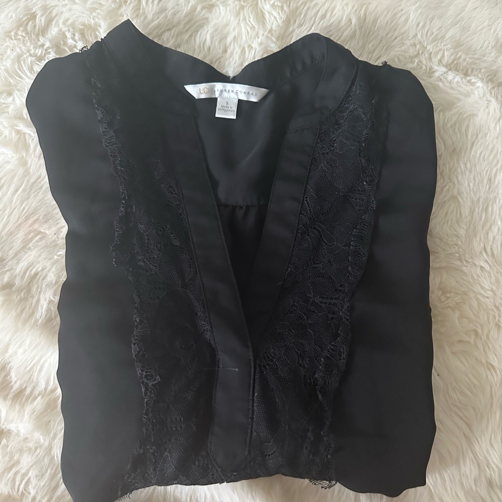 Lauren Conrad Black Mesh Long sleeve  Dress Shirt with V neck lace